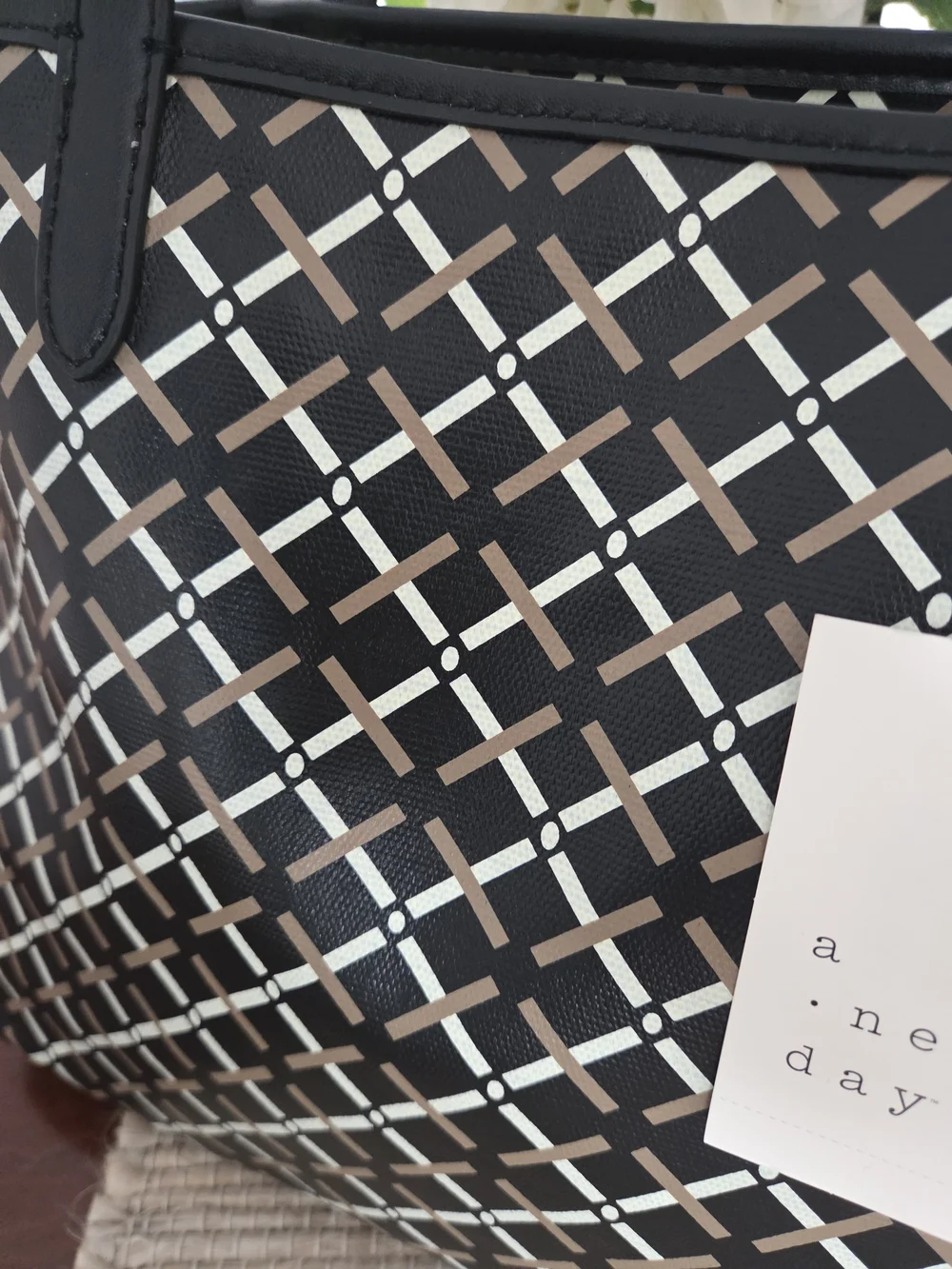 a new day Black Tote with Cream and Tan Geometric Print